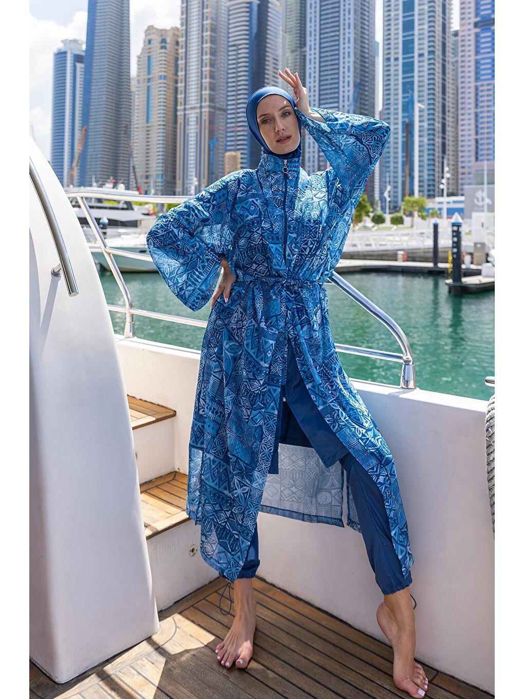 Mavi Tesettür Mayo Üzerine Tek Kaftan Kimono Pareo RP012 Rabia-1