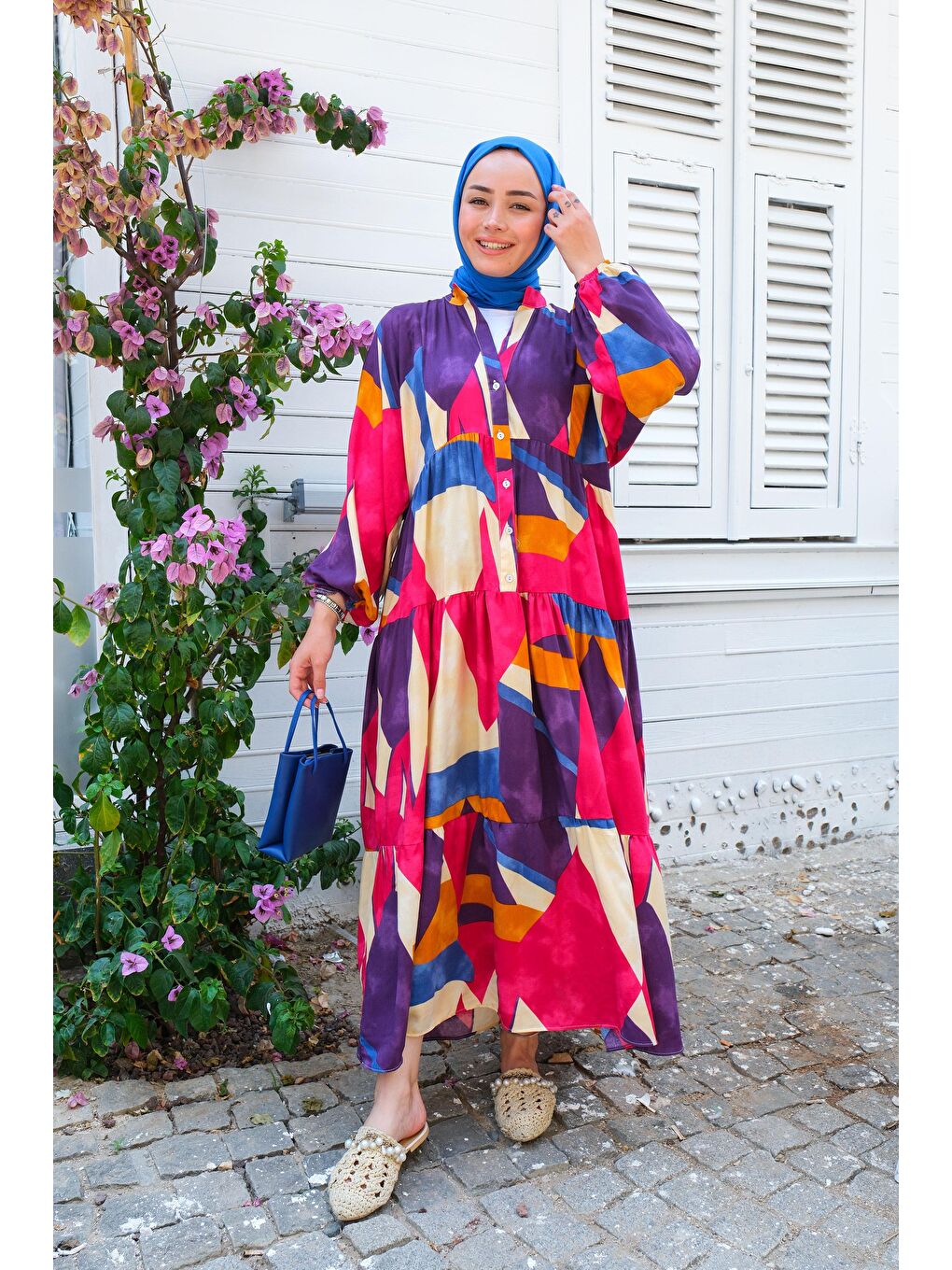 Karışık Desen Elbise Fuşya