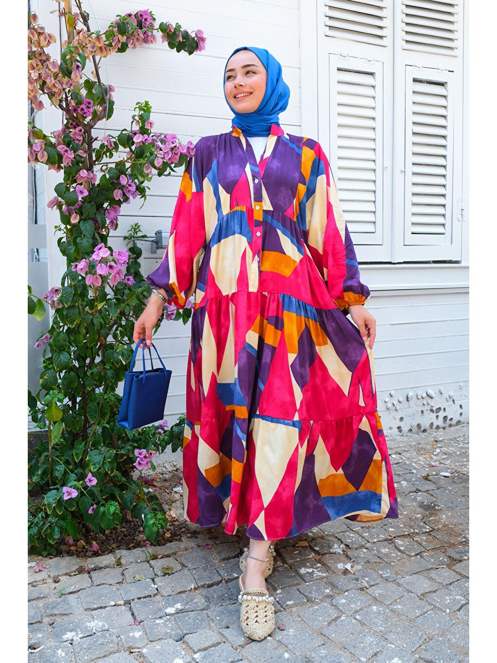 Karışık Desen Elbise Fuşya-1