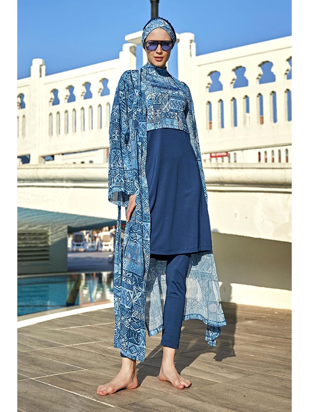 Mavi Tesettür Mayo Üzerine Tek Kaftan Kimono Pareo RP012 Rabia-3