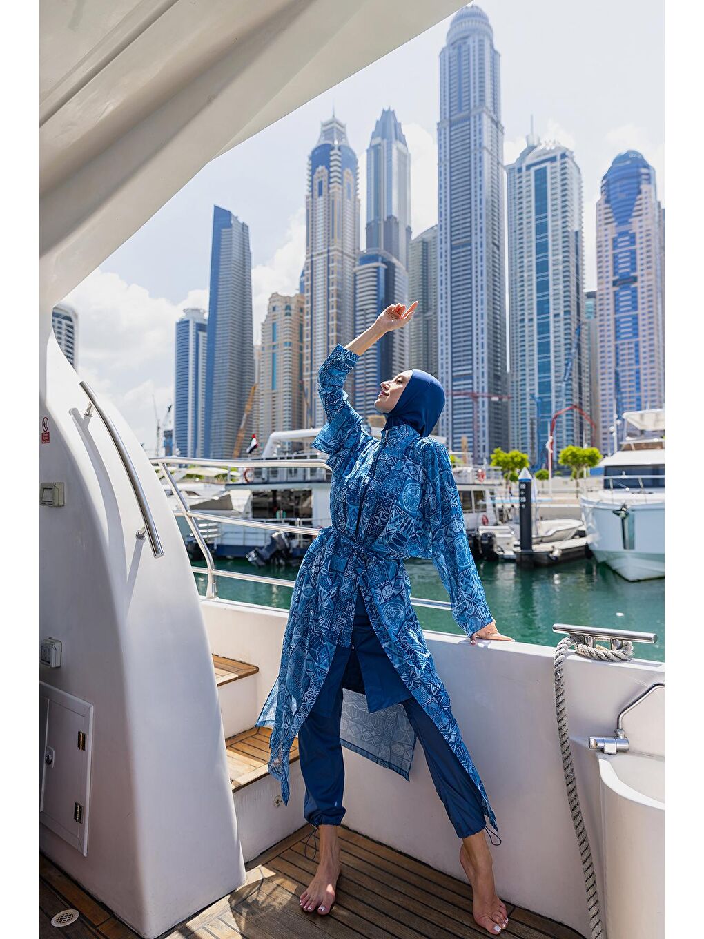 Mavi Tesettür Mayo Üzerine Tek Kaftan Kimono Pareo RP012 Rabia-4