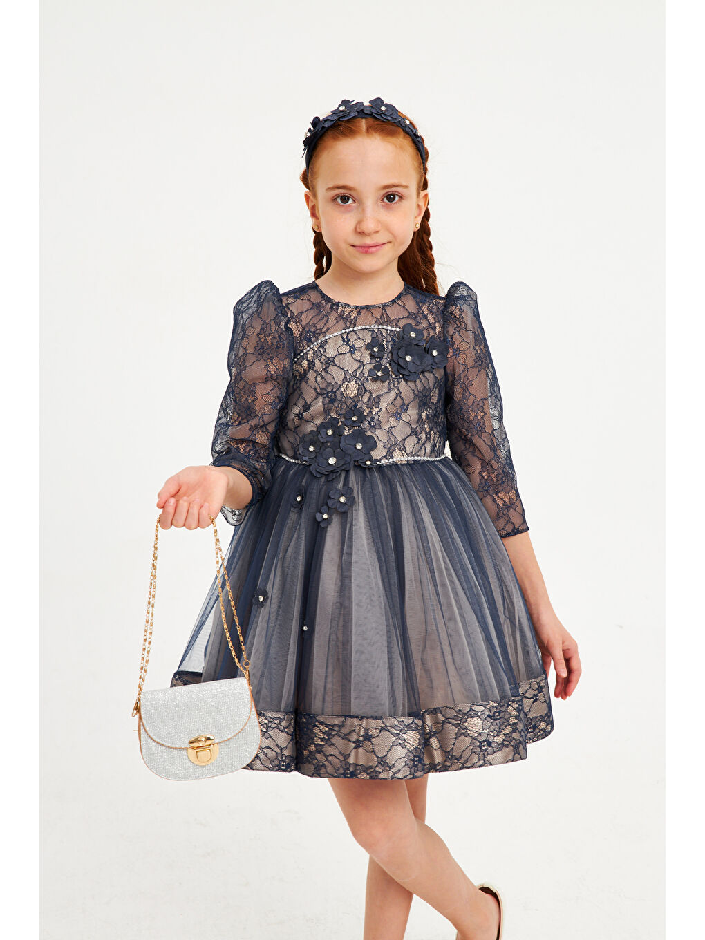 Lacivert Robası Dantelli Çiçekli Taşlı Çantalı Abiye