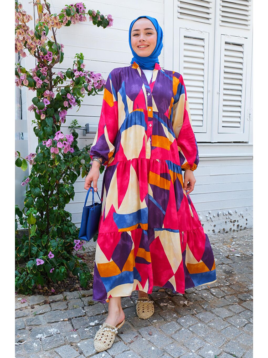 Karışık Desen Elbise Fuşya-2