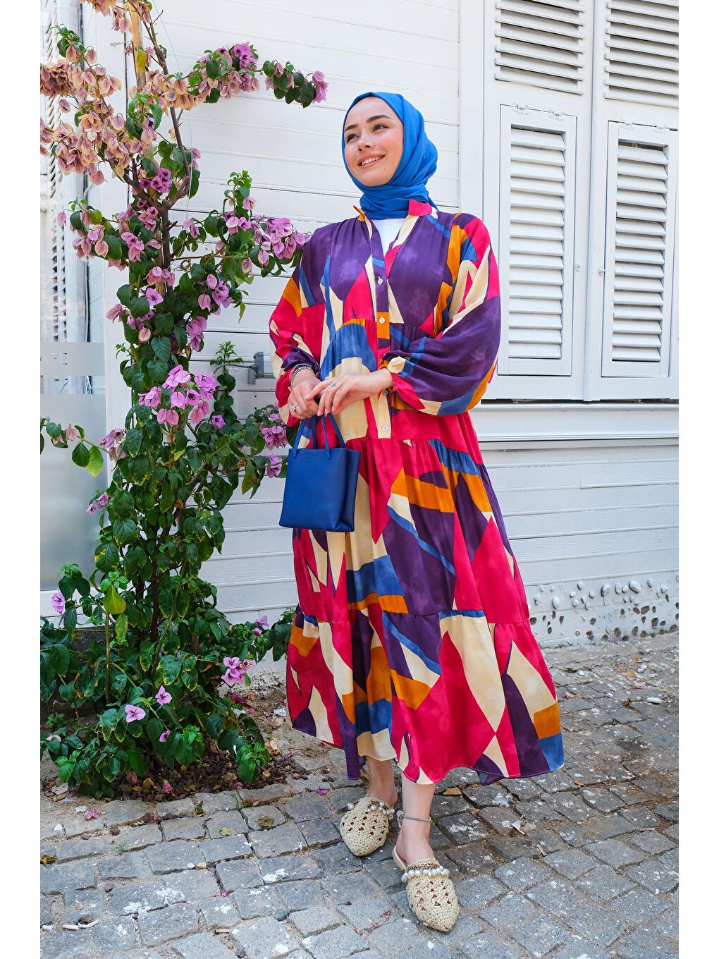 Karışık Desen Elbise Fuşya-3