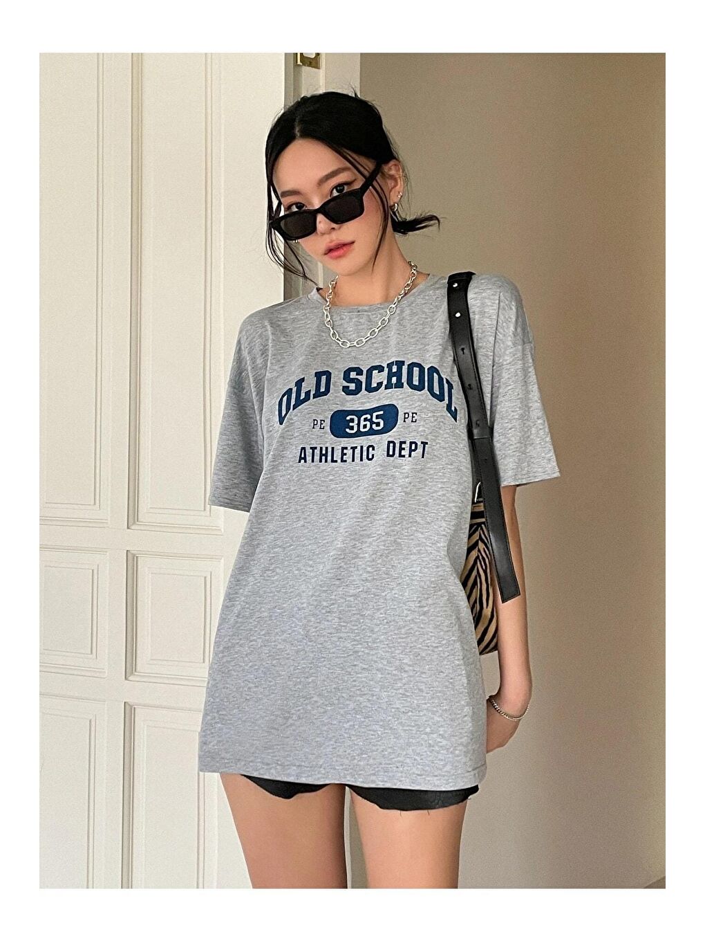 Trendseninle Gri Kadın Gri Old Scholl 365 Baskılı Oversize Tişört - 5