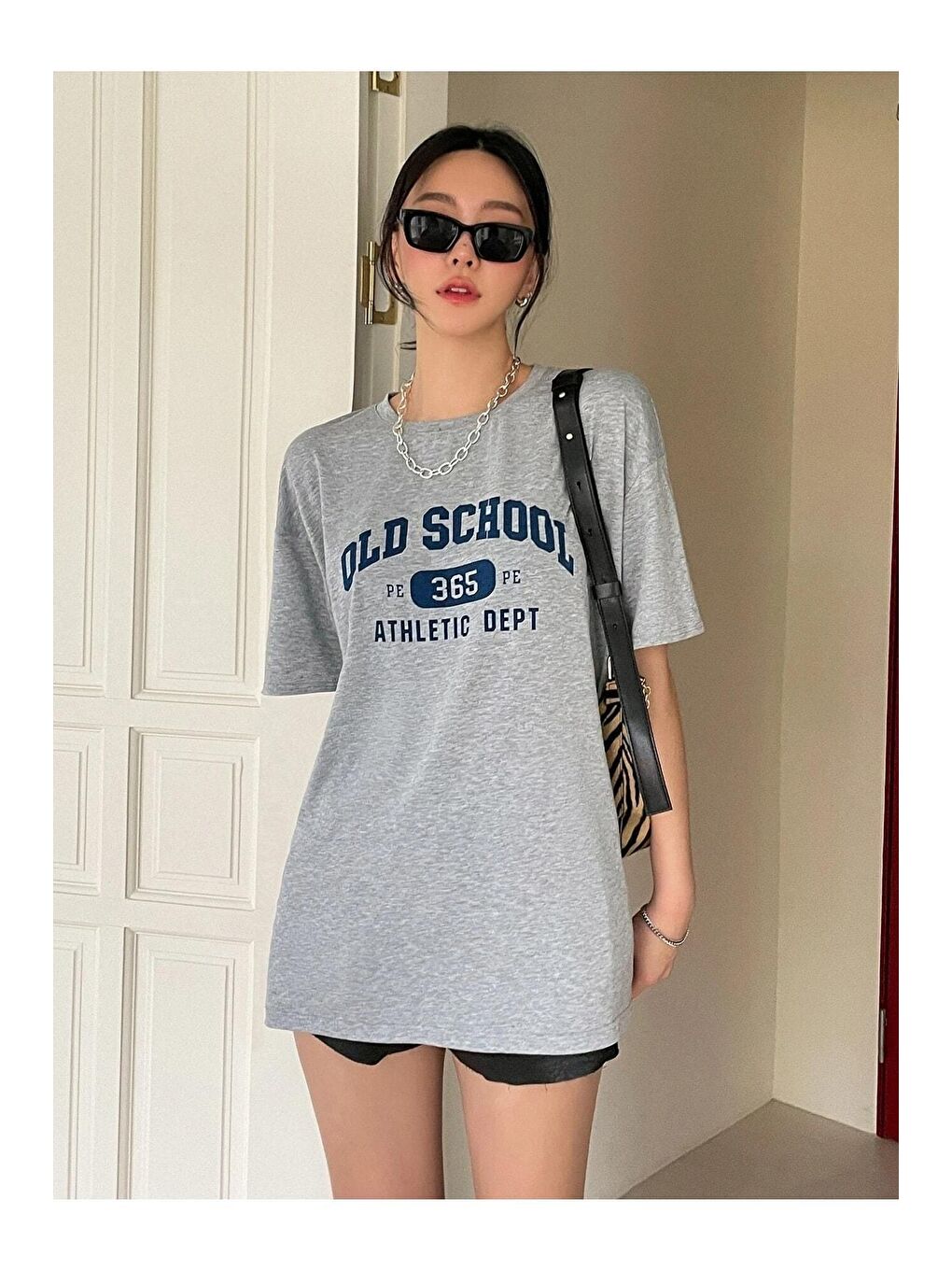 Trendseninle Gri Kadın Gri Old Scholl 365 Baskılı Oversize Tişört - 6