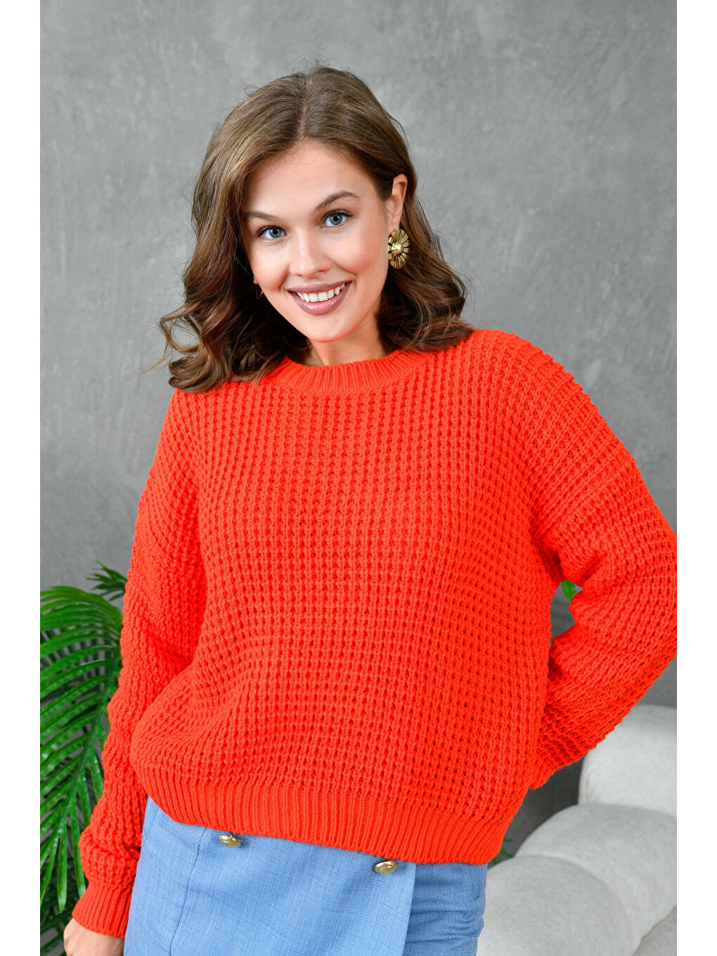 Kırmızı Kadın Bisiklet Yaka Salaş Triko Kazak-1