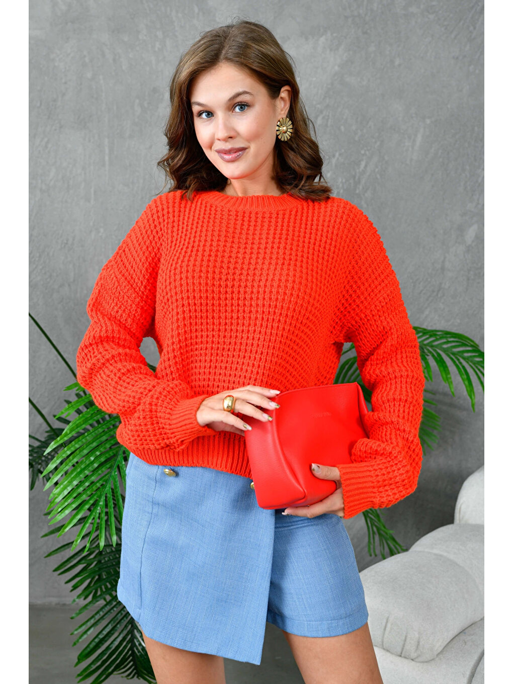 Kırmızı Kadın Bisiklet Yaka Salaş Triko Kazak-2