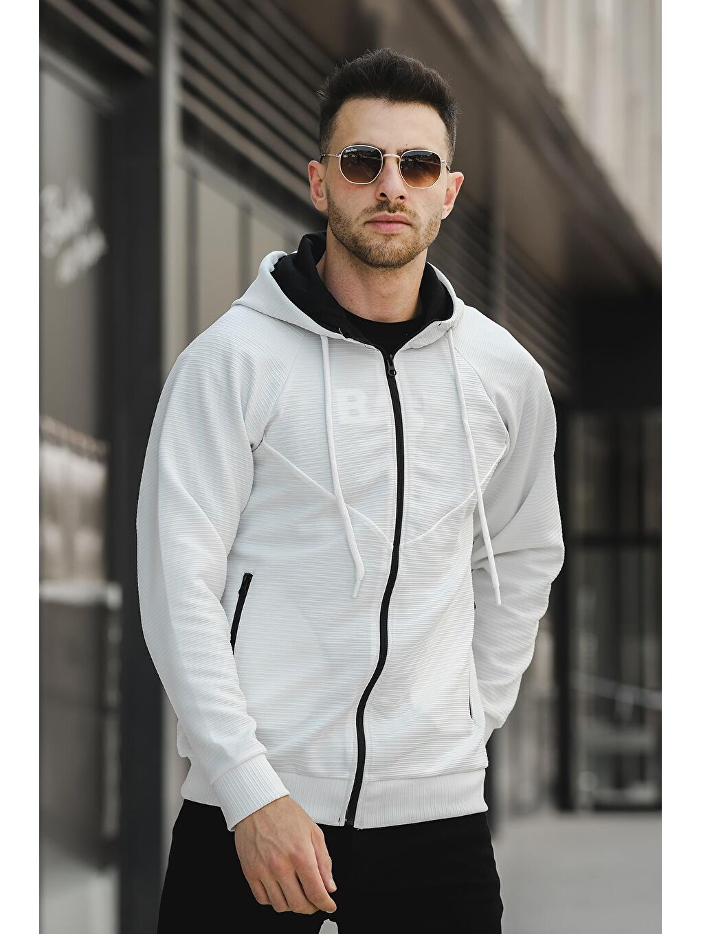 Beyaz Milos Ottoman Dokuma Kapüşonlu   Fermuarlı Sweatshirt