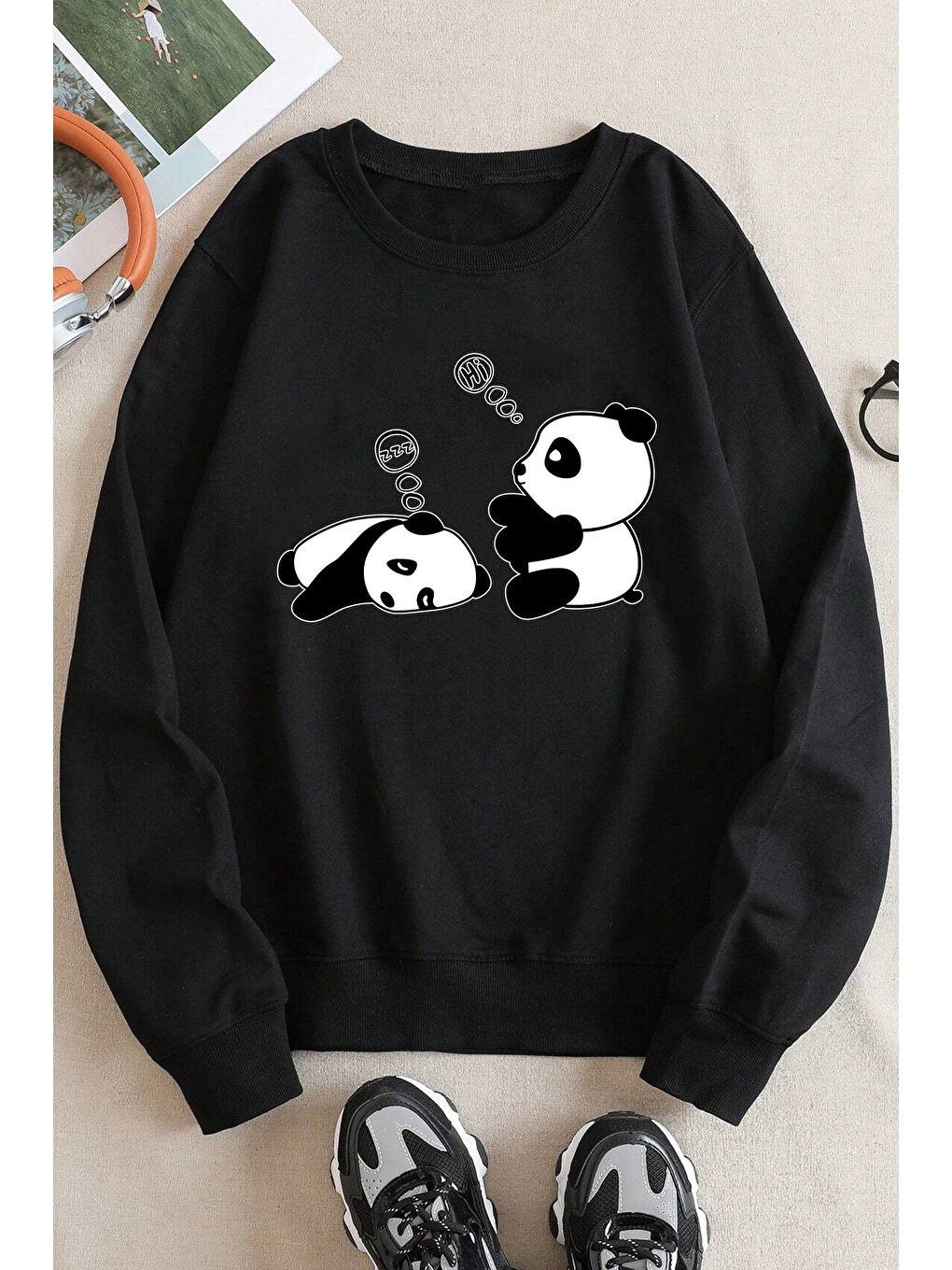 uyguntarz Siyah Unisex Uykucu Panda Baskılı Bisiklet Yaka Sweatshirt