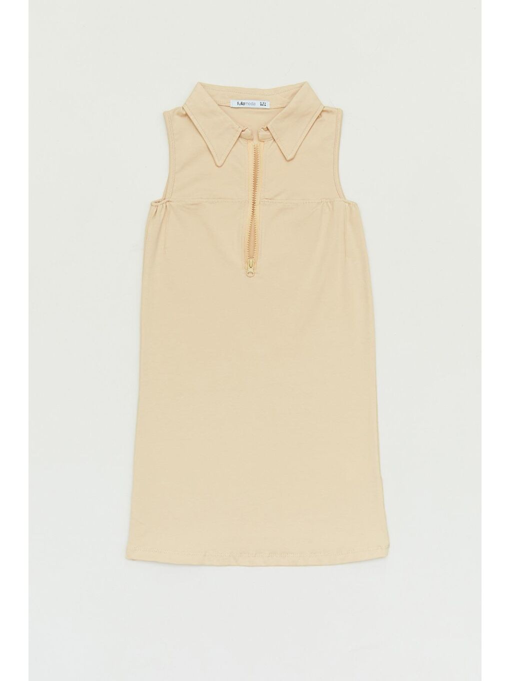 Bej Basic Yarım Fermuarlı Kız Çocuk Elbise-1