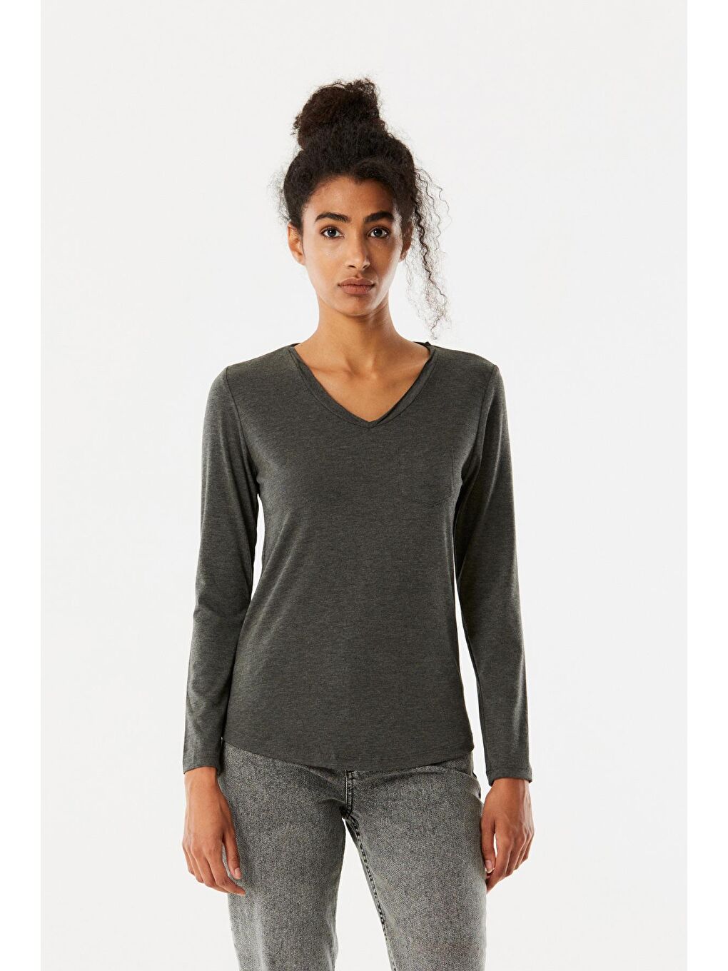 Antrasit V Yaka Cep Detaylı Basic Body-1