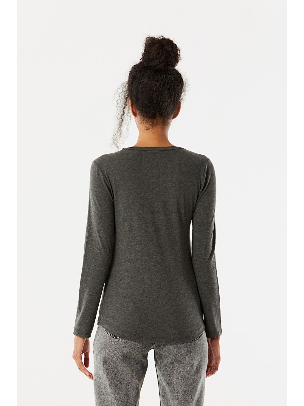 Antrasit V Yaka Cep Detaylı Basic Body-2