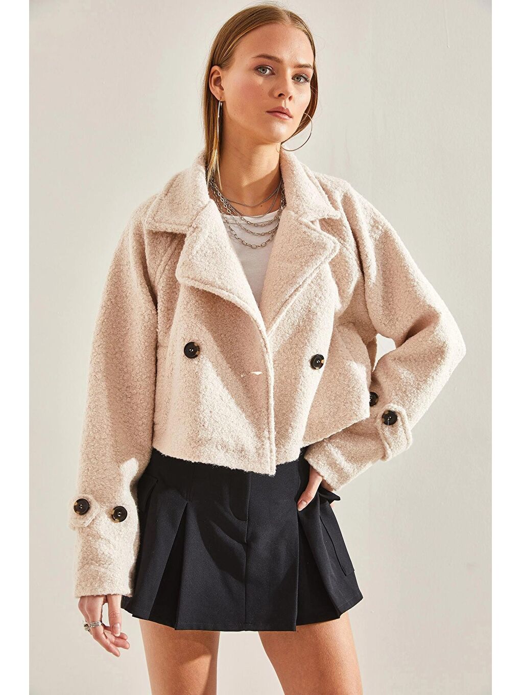 Ekru Kadın Kısa Kruvaze Buklet Ceket 2387 60101001-1