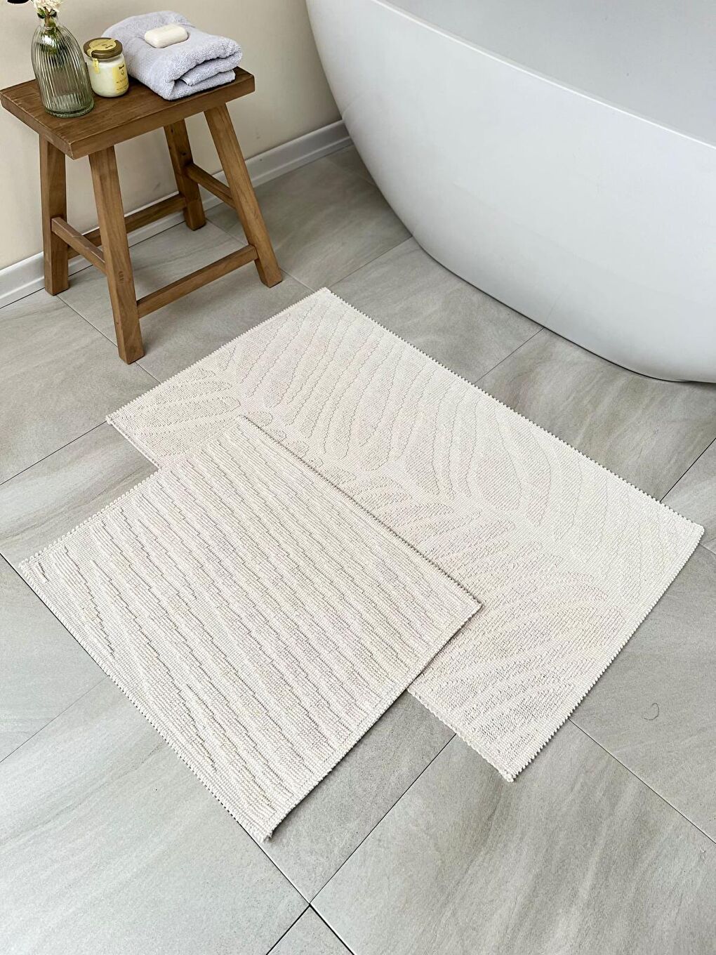 Bluenity Ekru Venetion Doğal Pamuklu 2'li Banyo Paspası 60x100+50x60 Cm - Ekru