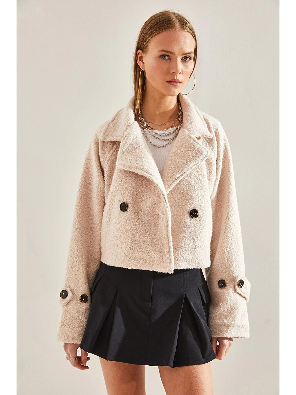 Ekru Kadın Kısa Kruvaze Buklet Ceket 2387 60101001-3