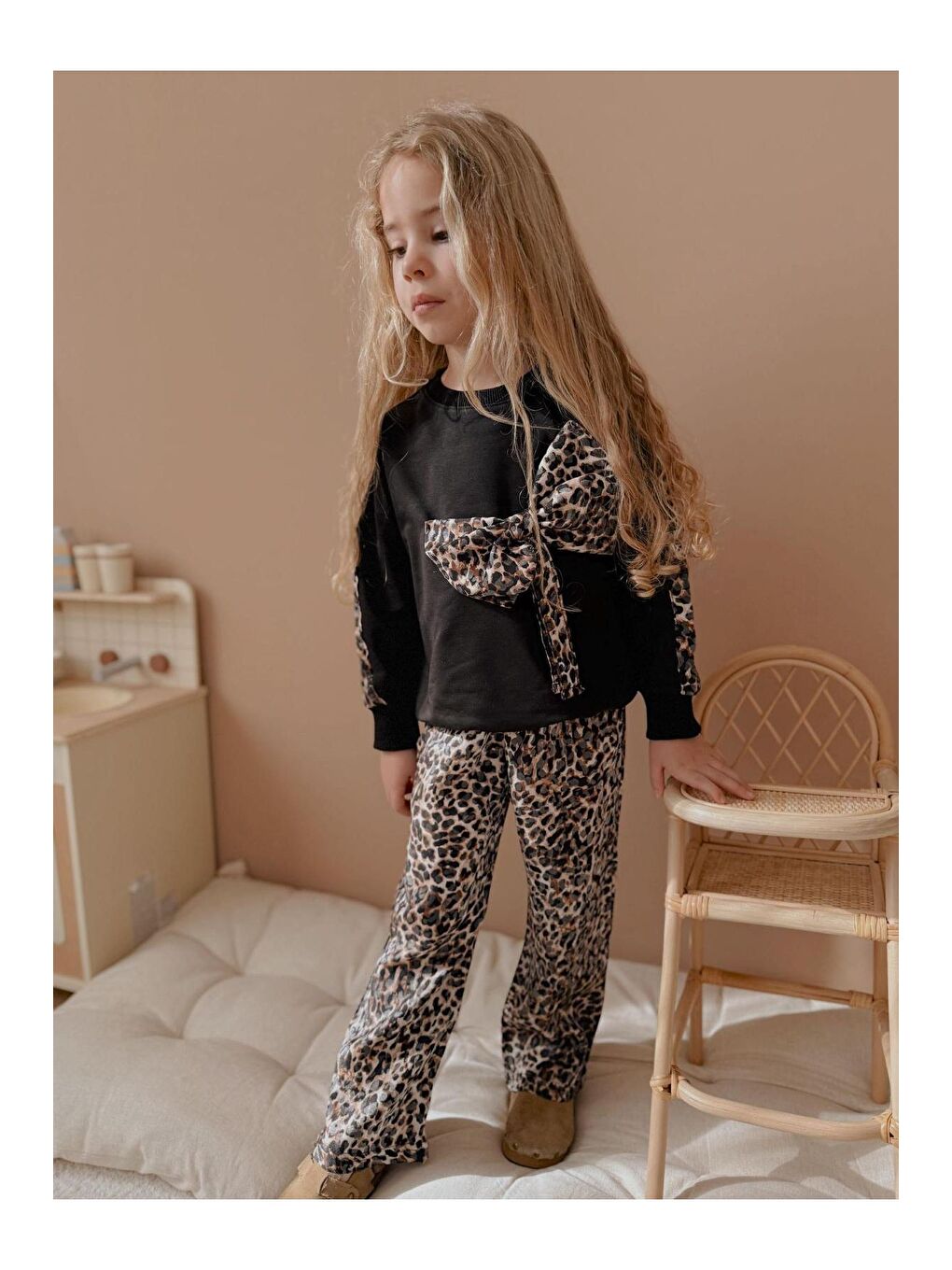 Siyah Kız Çocuk Leopar Desen Alt Üst Takım