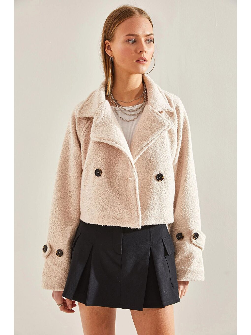 Ekru Kadın Kısa Kruvaze Buklet Ceket 2387 60101001-4