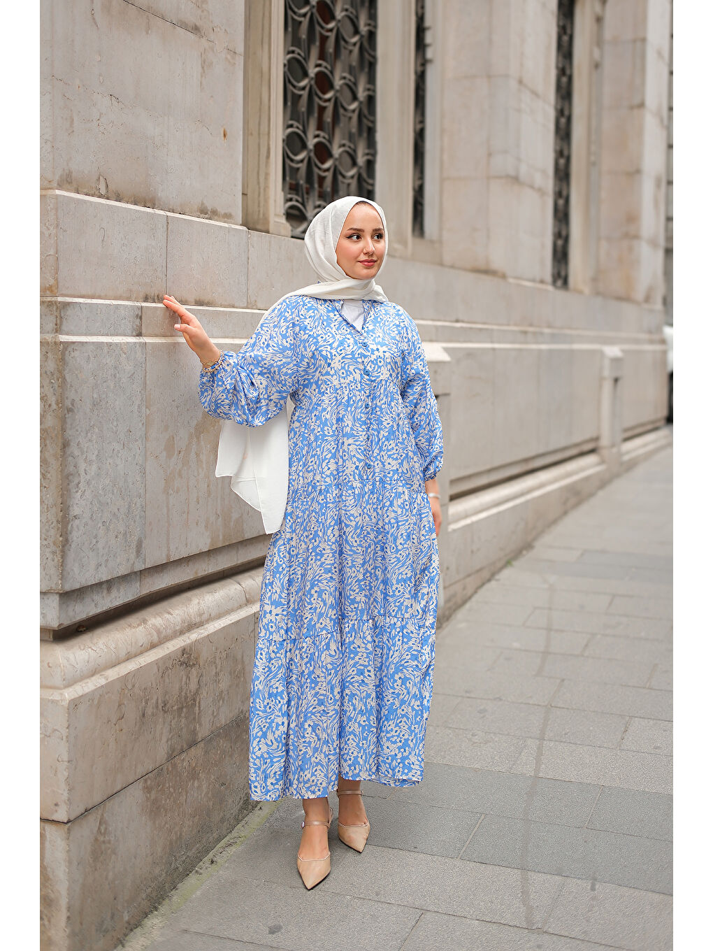 Kadın Papatya Desenli Elbise Mavi