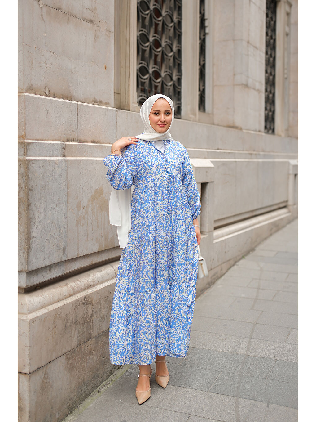 Kadın Papatya Desenli Elbise Mavi-1