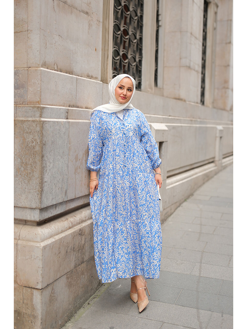 Kadın Papatya Desenli Elbise Mavi-2