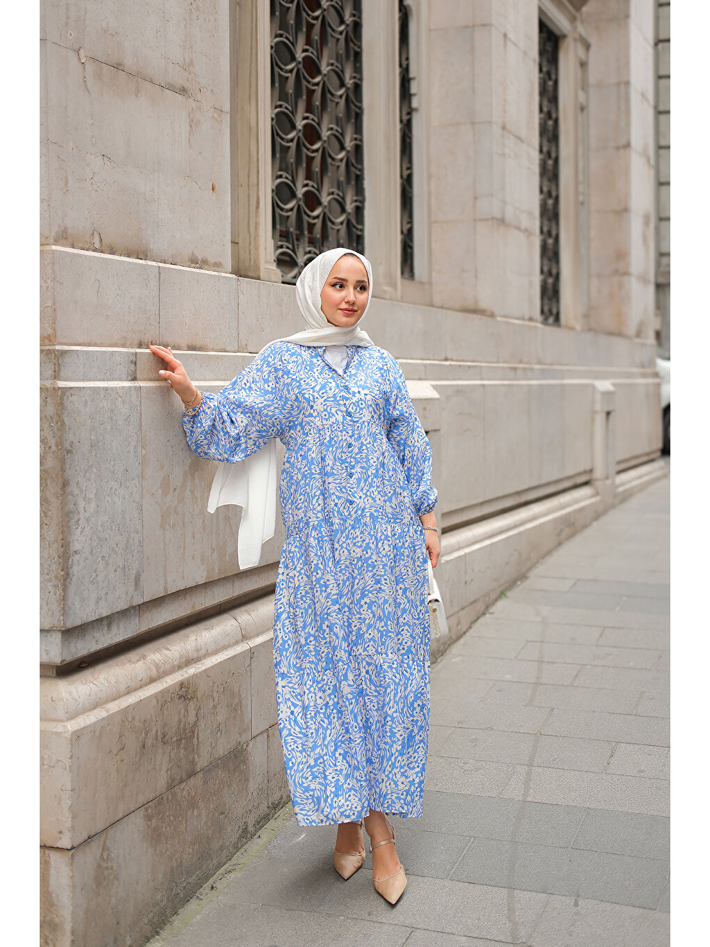 Kadın Papatya Desenli Elbise Mavi-3