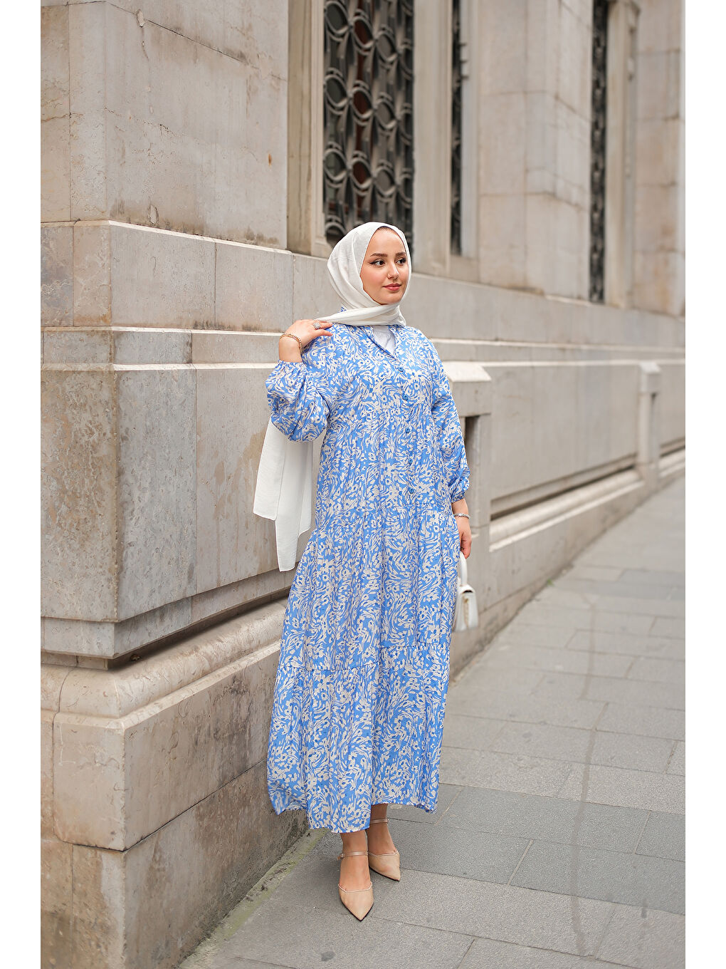 Kadın Papatya Desenli Elbise Mavi-4