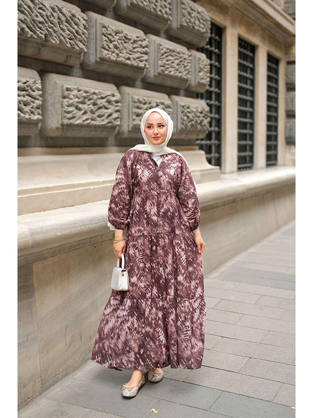 Kadın Batik Desen Elbise Kahverengi