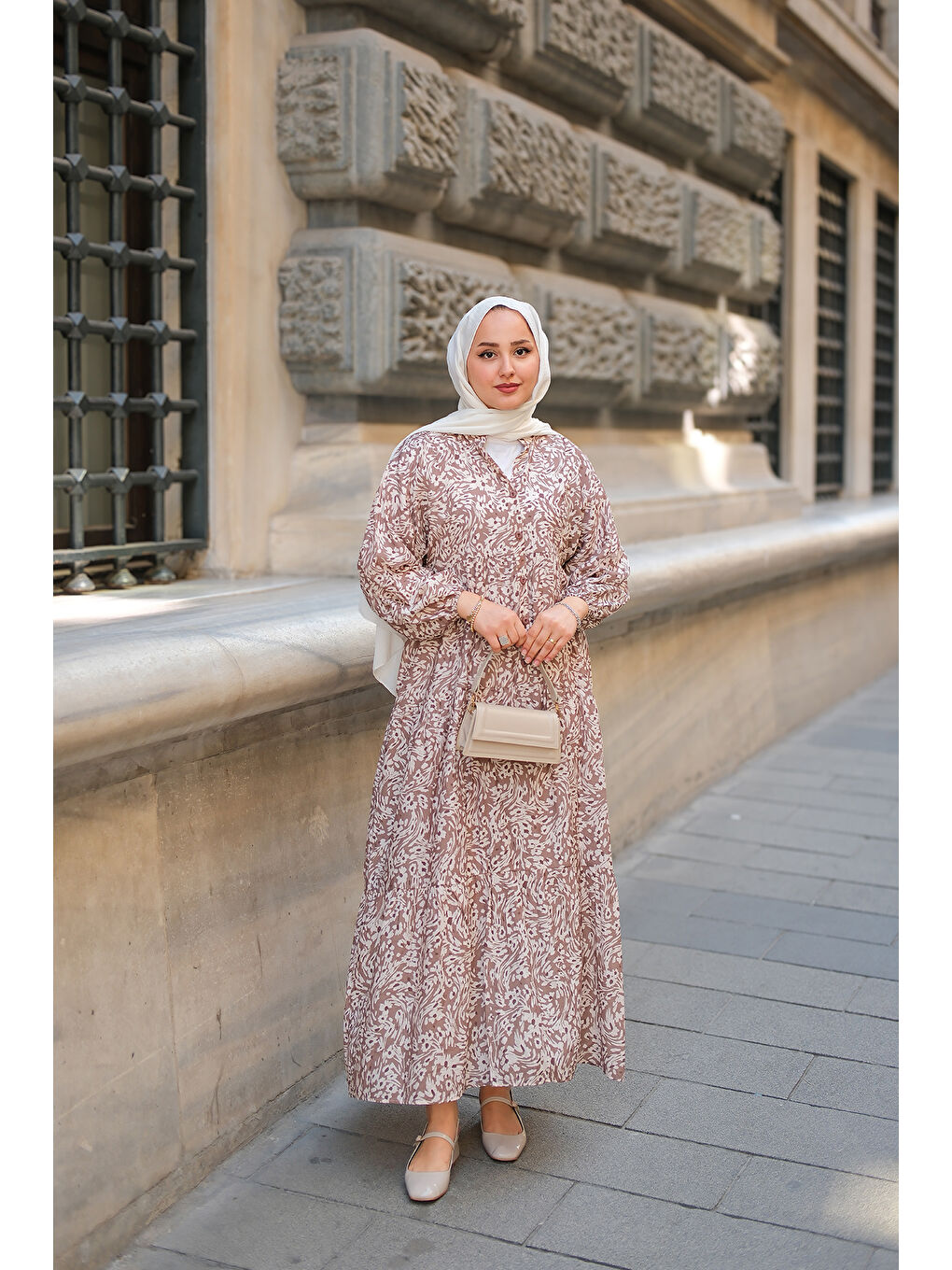 Kahverengi Kadın Papatya Desenli Elbise Açık Kahve-1