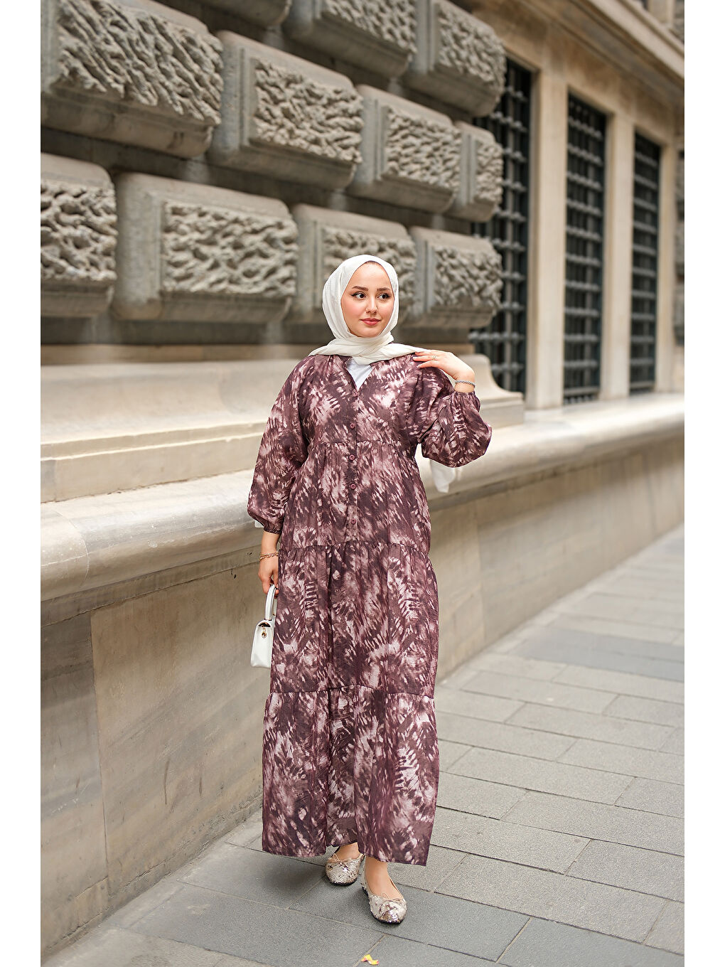 Kadın Batik Desen Elbise Kahverengi-1