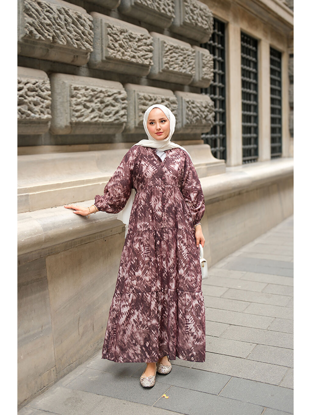 Kadın Batik Desen Elbise Kahverengi-2