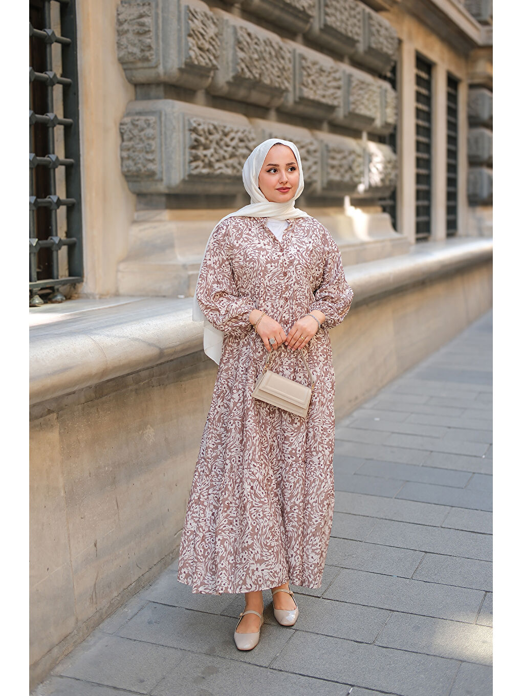 Kahverengi Kadın Papatya Desenli Elbise Açık Kahve-2