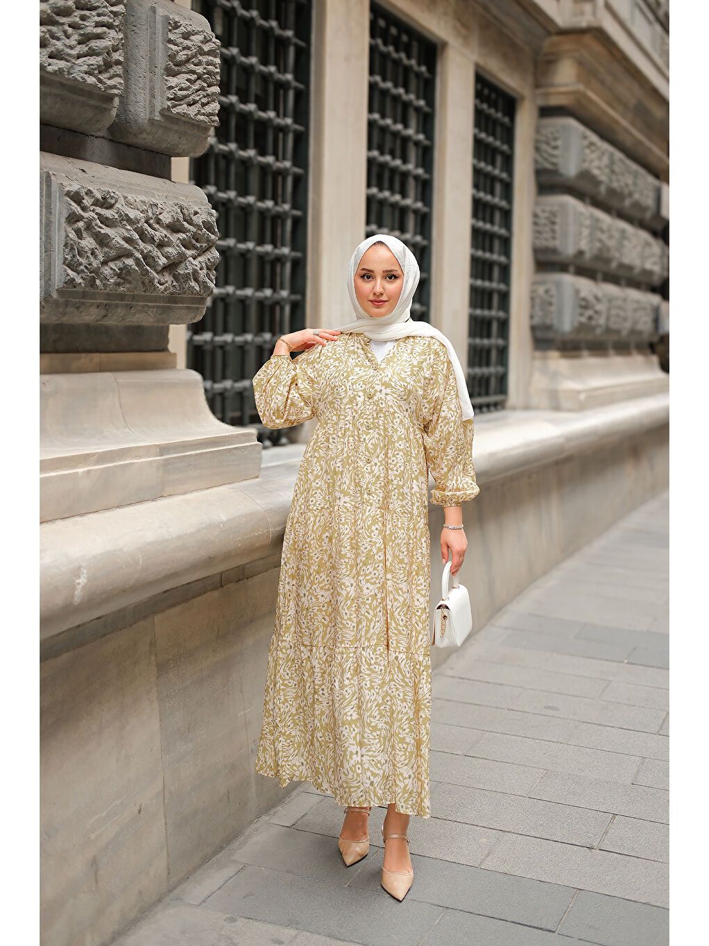 Kadın Papatya Desenli Elbise Yağ Yeşil-1