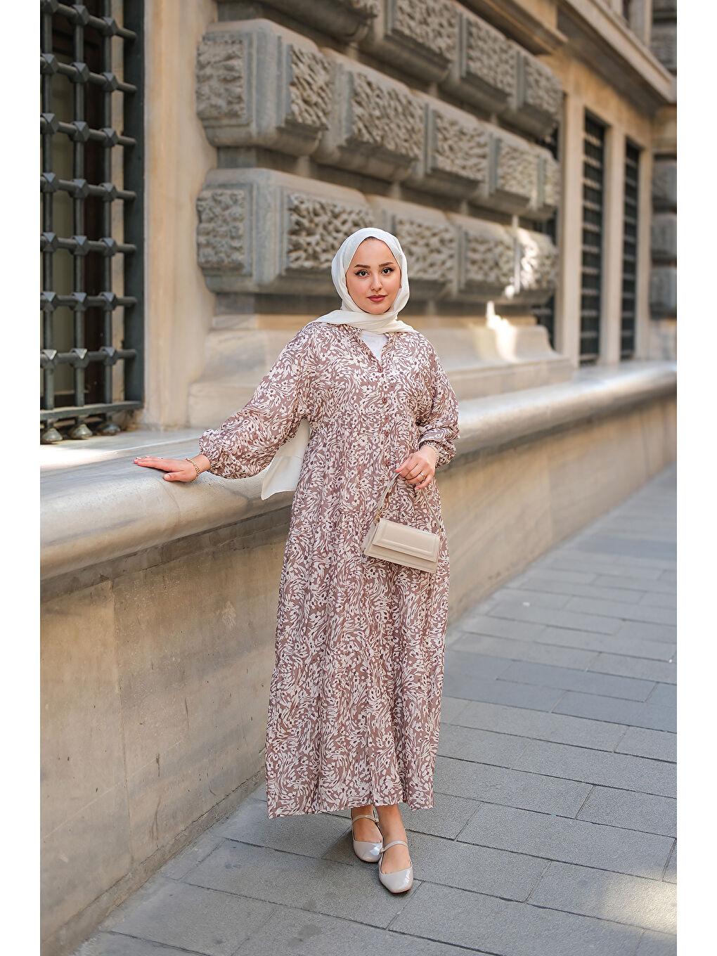 Kahverengi Kadın Papatya Desenli Elbise Açık Kahve-3