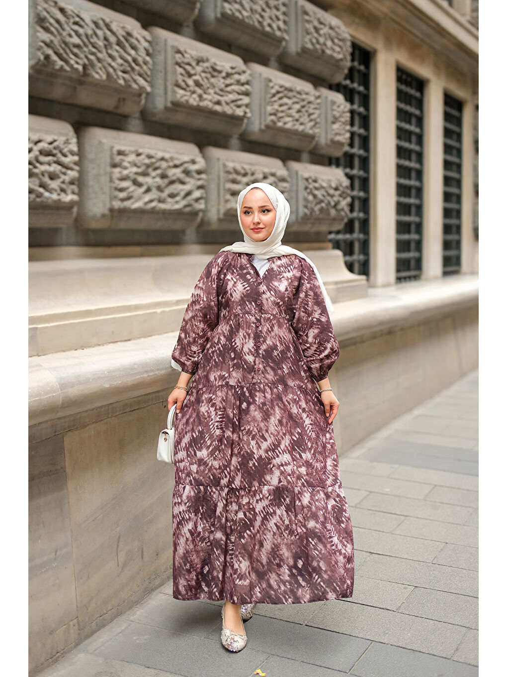 Kadın Batik Desen Elbise Kahverengi-3