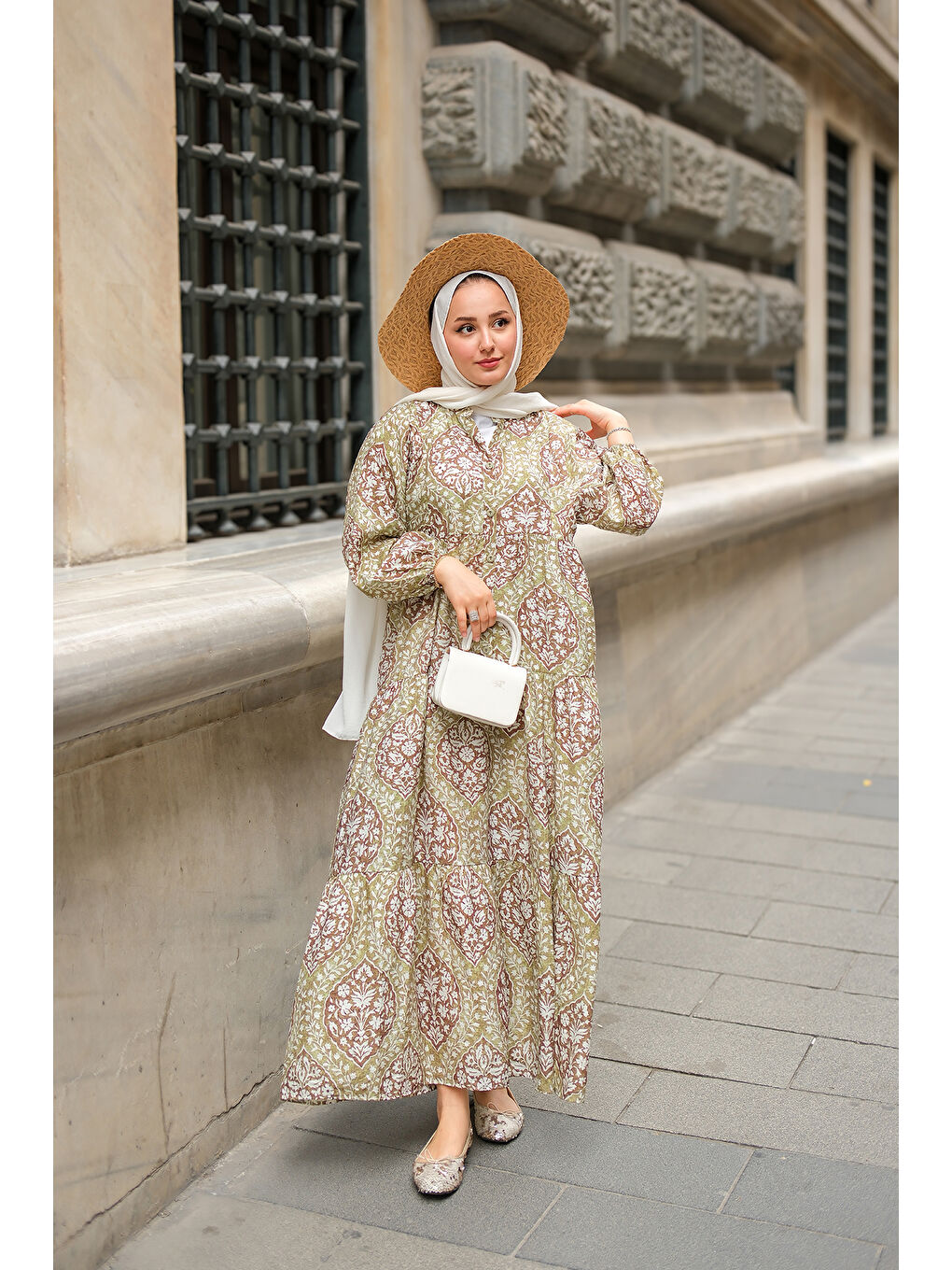 Kahve Buğlem Desenli Elbise Yeşil