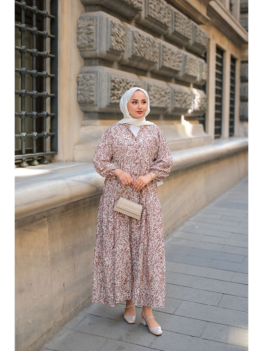 Kahverengi Kadın Papatya Desenli Elbise Açık Kahve-4