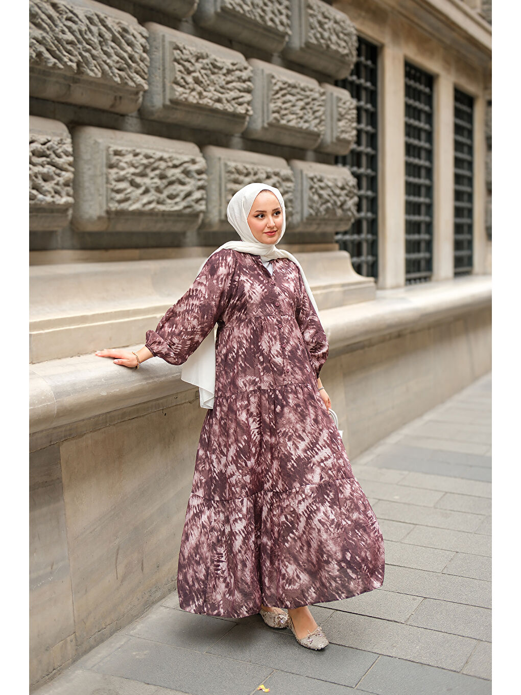 Kadın Batik Desen Elbise Kahverengi-4