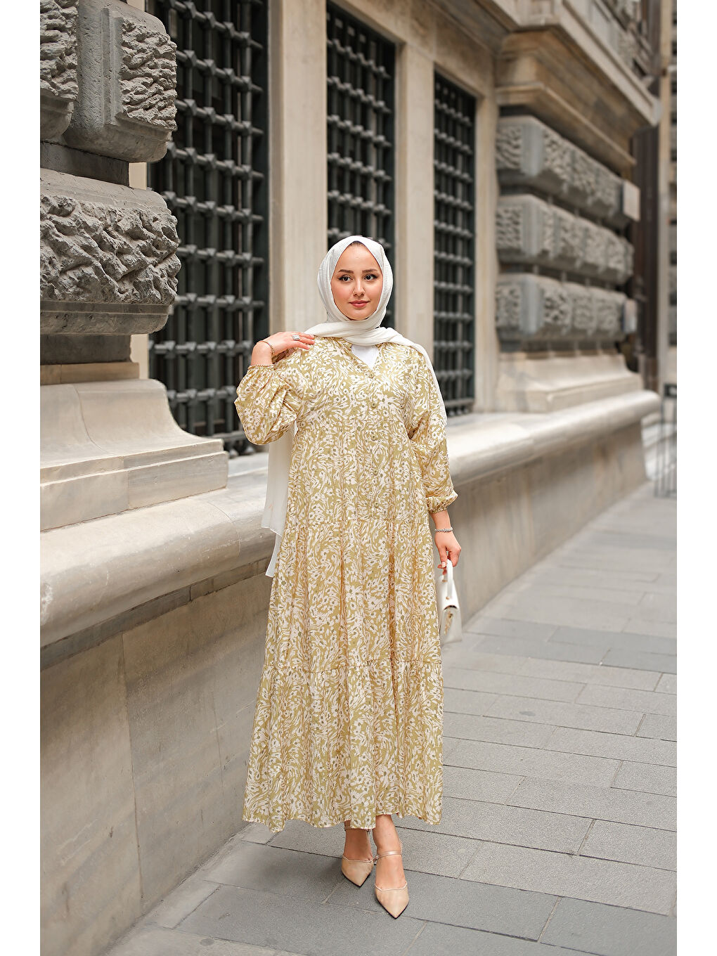 Kadın Papatya Desenli Elbise Yağ Yeşil-2