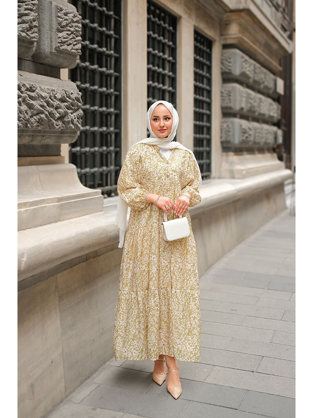 Kadın Papatya Desenli Elbise Yağ Yeşil-3