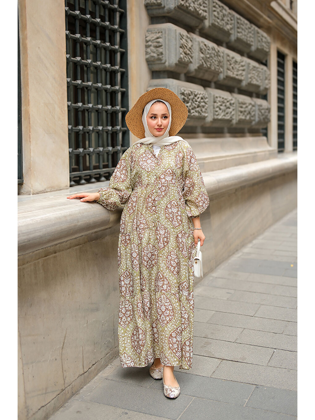 Kahve Buğlem Desenli Elbise Yeşil-1