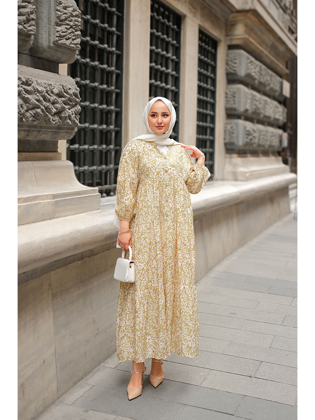 Kadın Papatya Desenli Elbise Yağ Yeşil-4