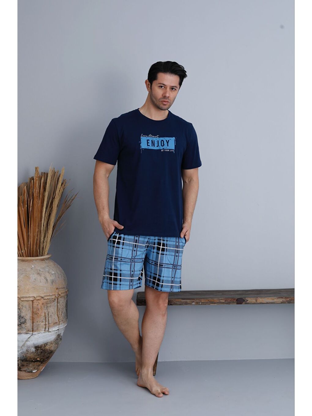 Mavi Erkek %100 Organik Pamuk Kısa Kollu Ekose Şortlu Doğal Pijama Takımı-1