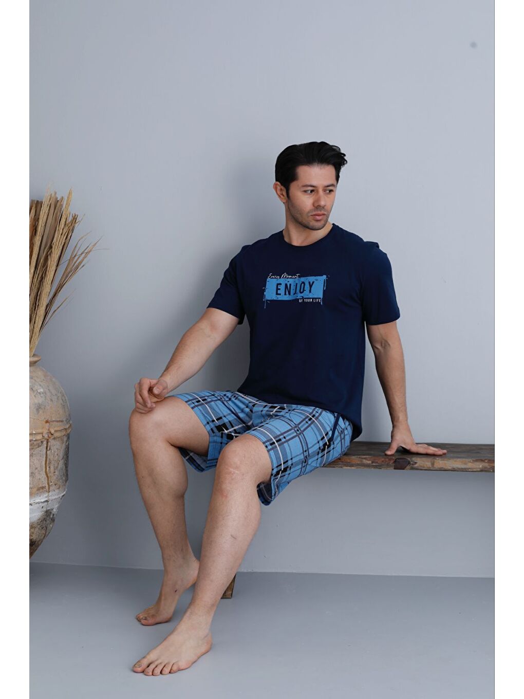 Mavi Erkek %100 Organik Pamuk Kısa Kollu Ekose Şortlu Doğal Pijama Takımı-2