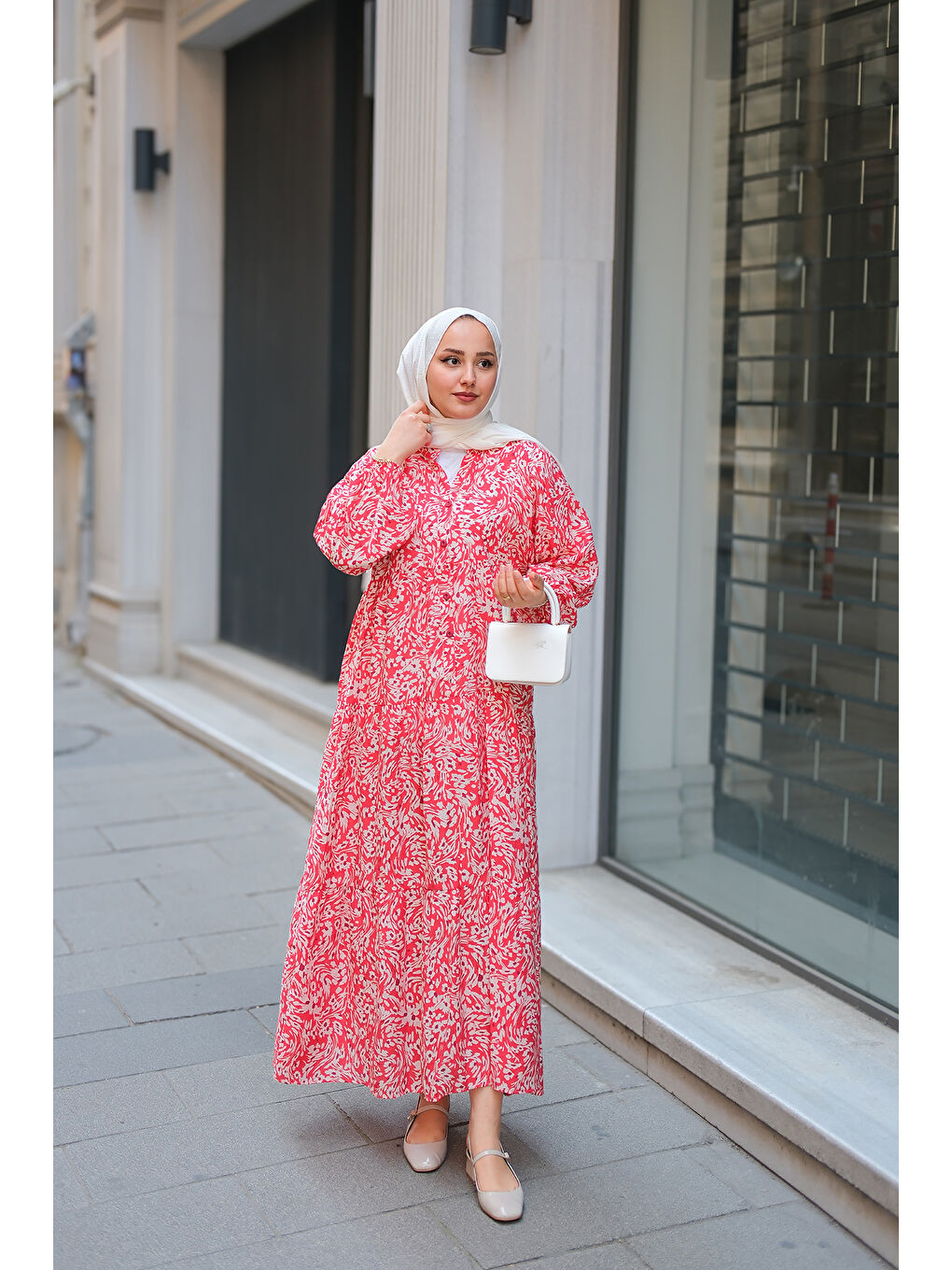Kadın Papatya Desenli Elbise Kırmızı-1