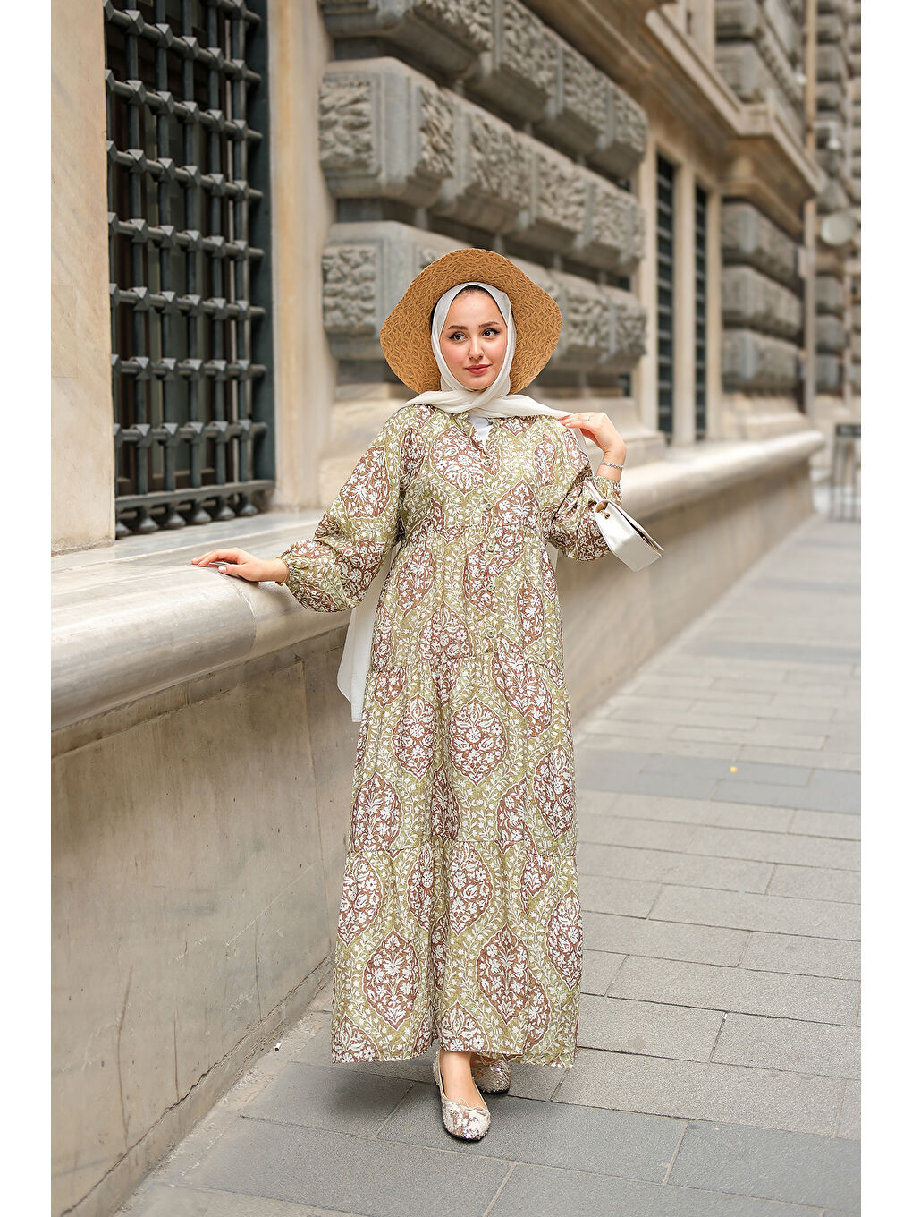 Kahve Buğlem Desenli Elbise Yeşil-3
