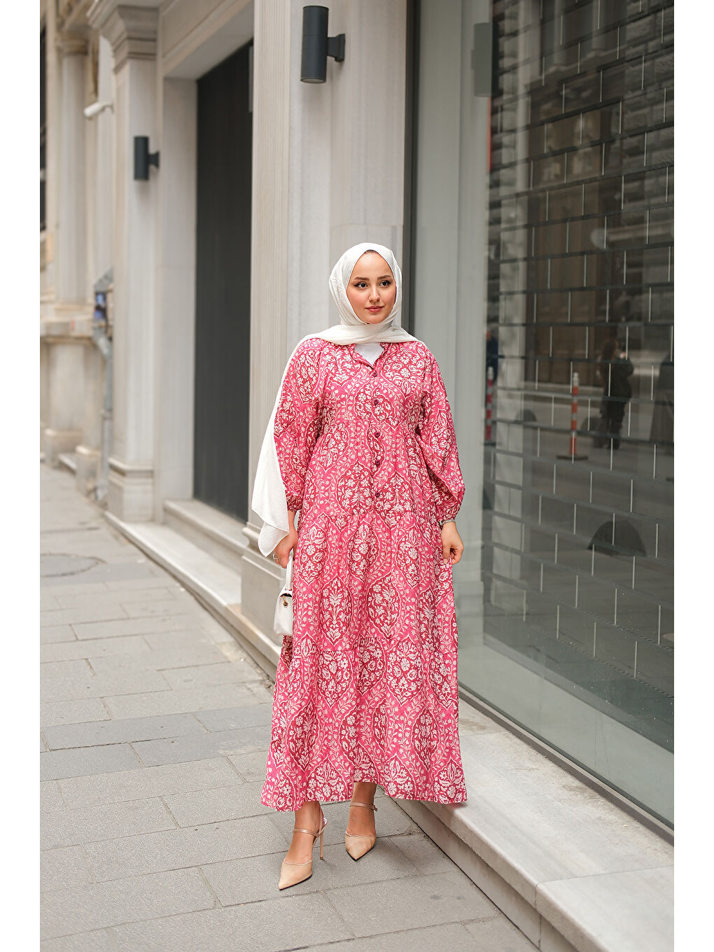 Kadın Buğlem Desenli Elbise Fuşya