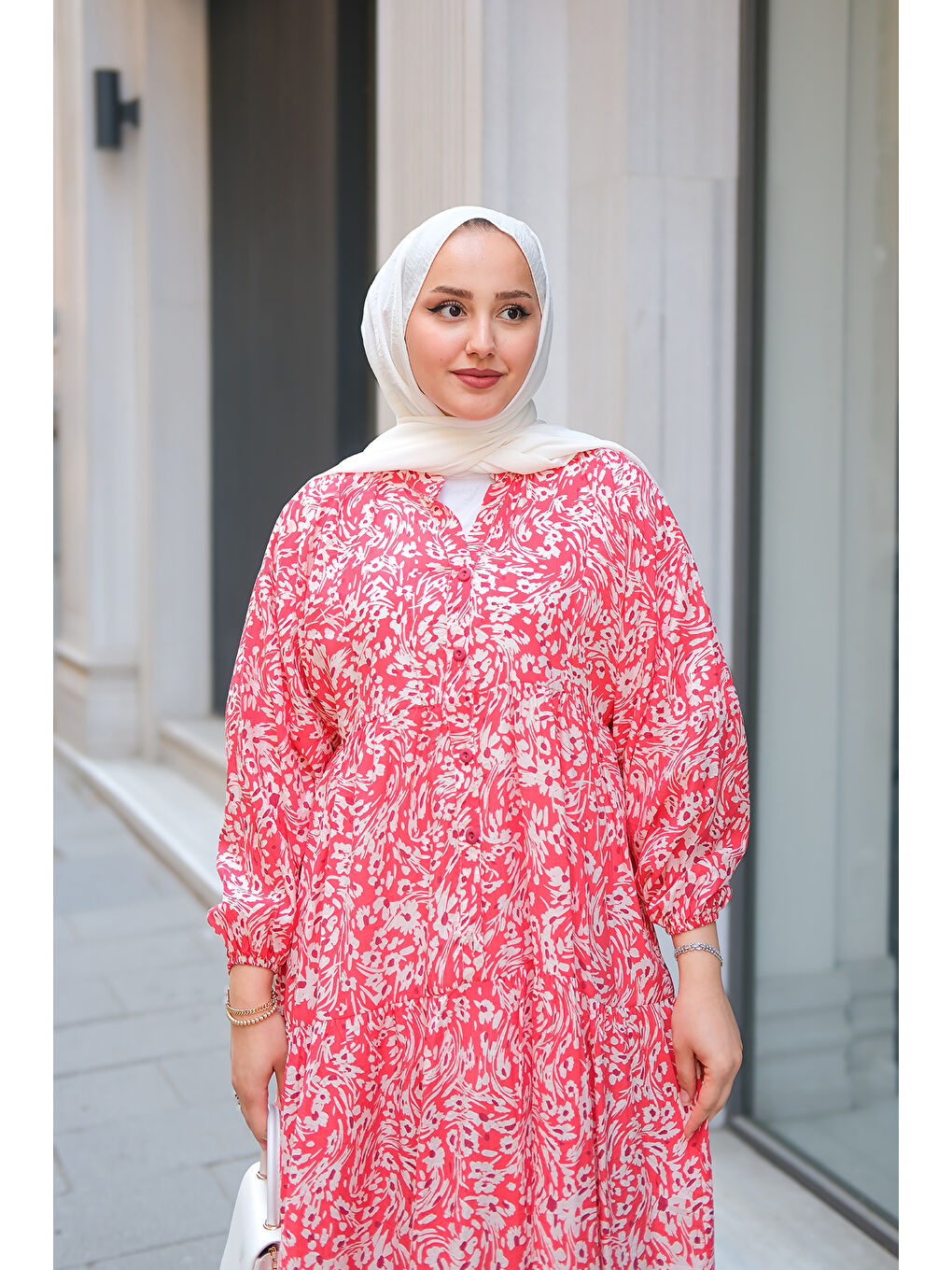 Kadın Papatya Desenli Elbise Kırmızı-3