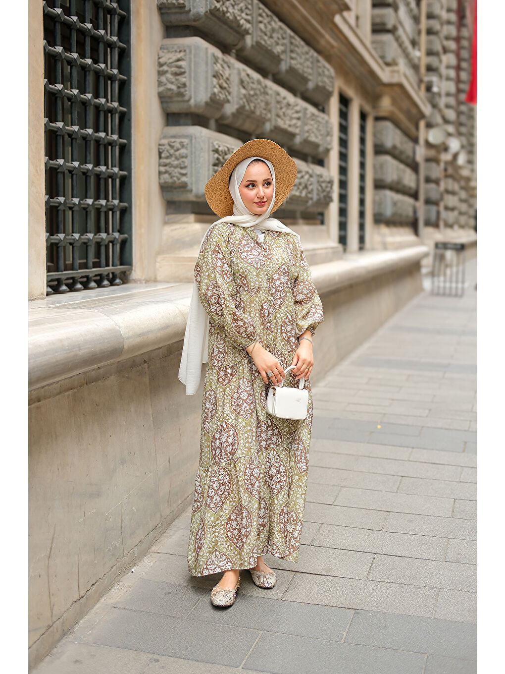 Kahve Buğlem Desenli Elbise Yeşil-4