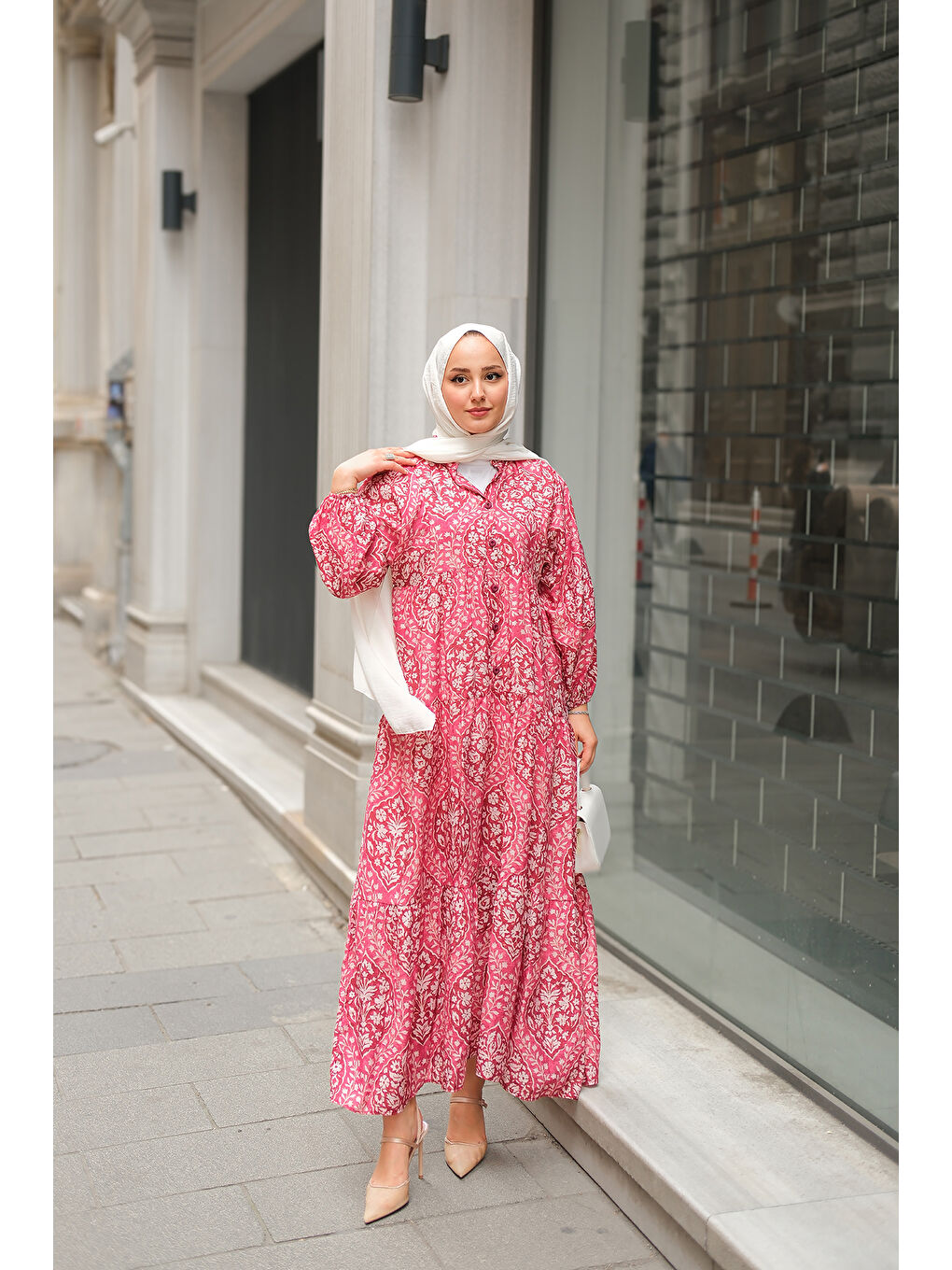 Kadın Buğlem Desenli Elbise Fuşya-1